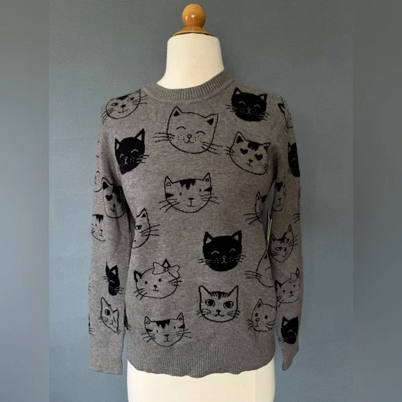 Anthropologie Calligraphie Gray Cat Print Sweater Women’s Small NWT - Picture 2 of 9